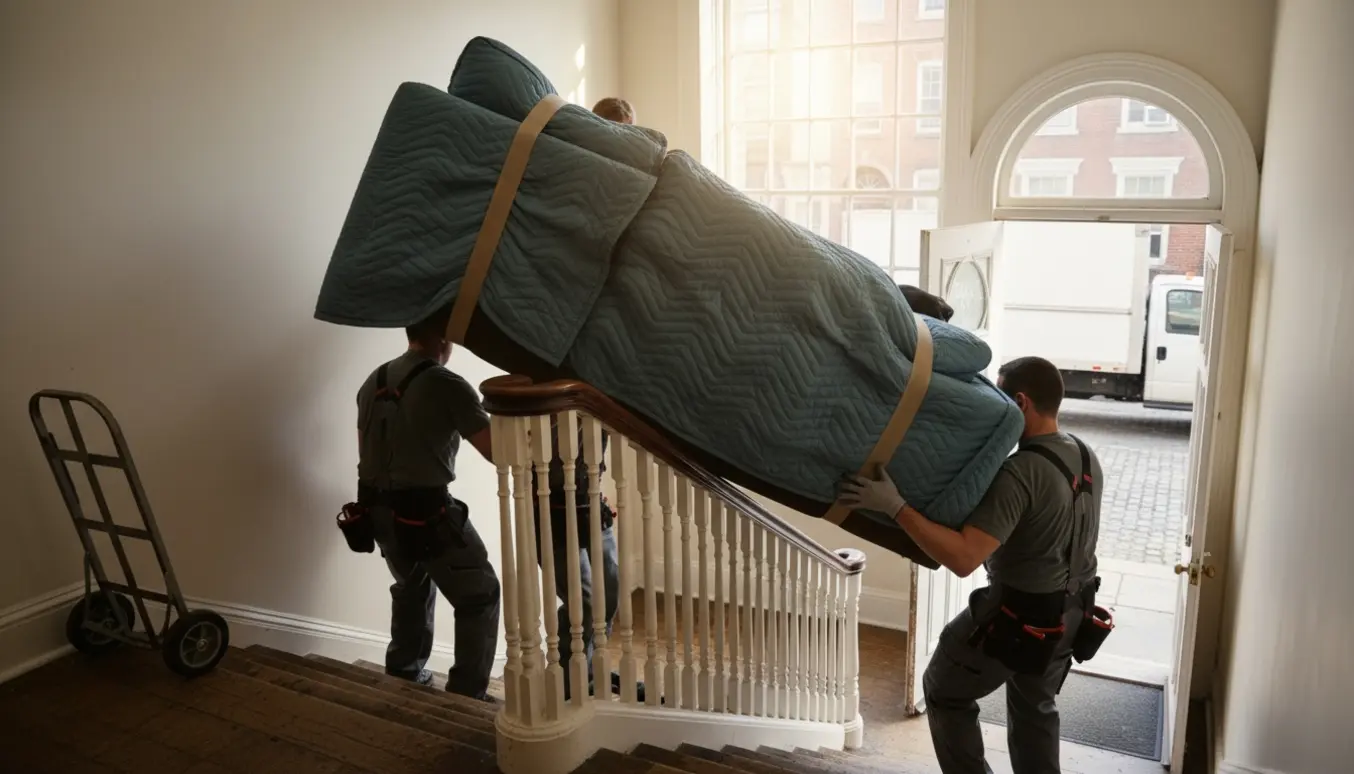 Flyttefolk bærer en stor sofa ned ad en smal trappe mod en ventende flyttebil.
