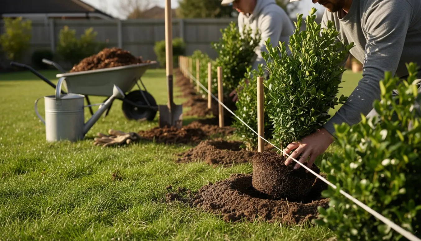 Nye ligusterplanter sættes i en lige række i haven med spade og trillebør ved siden af.