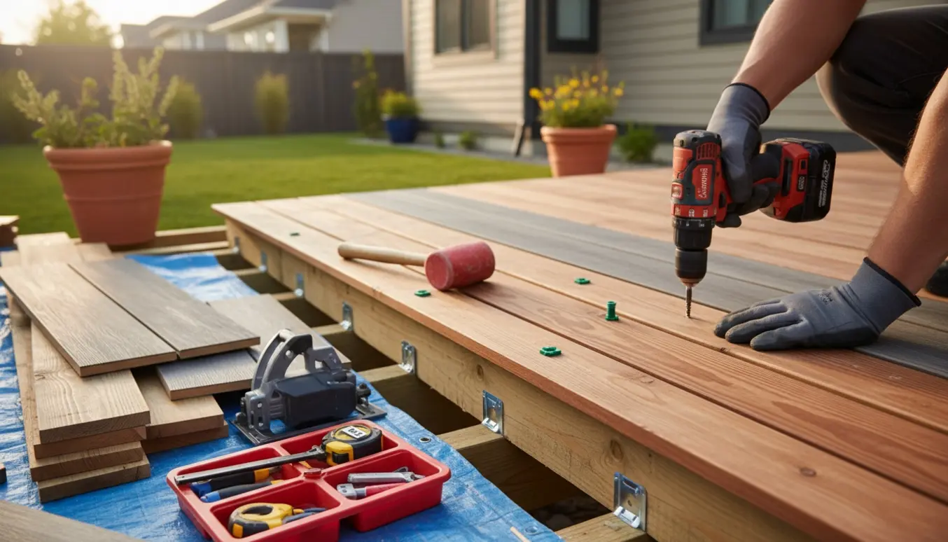 Delvist færdigbygget træ- og kompositterrasse i en baghave med værktøj og hænder, der fastgør en planke.