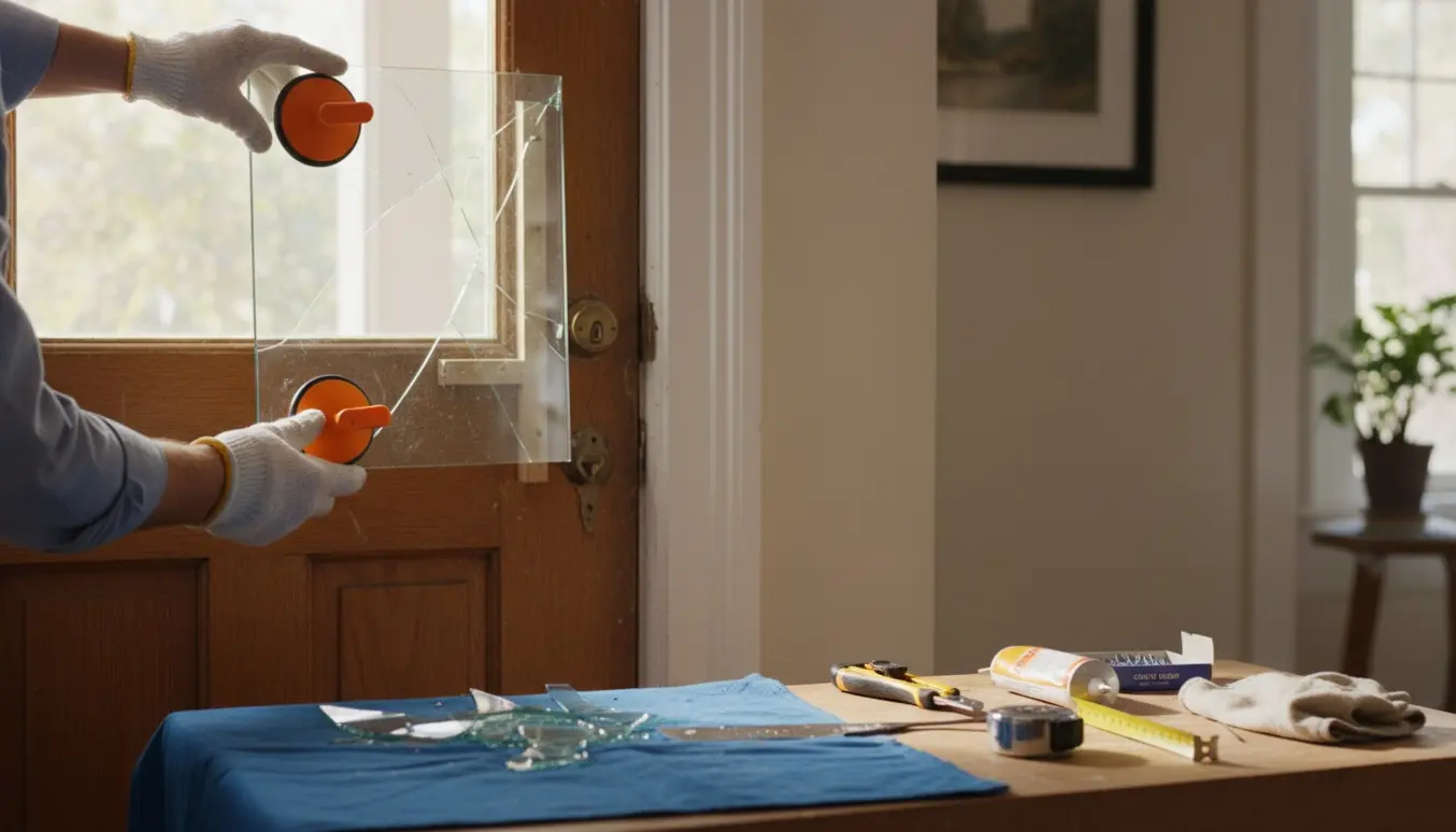 Nærbillede af udskiftning af en lille rude i en trædør, hvor hænder i handsker bruger sugekopper til at sætte nyt glas på plads.