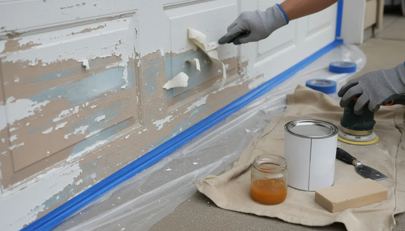 Hænder skaber ved at fjerne flere lag gammel maling fra en garageport som forberedelse til at blive malet hvid.