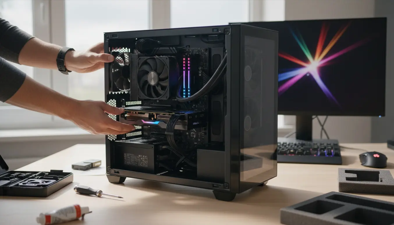 Hænder samler en top-tier gaming-pc med åbent kabinet og synlige high-end komponenter på et skrivebord i dagslys.