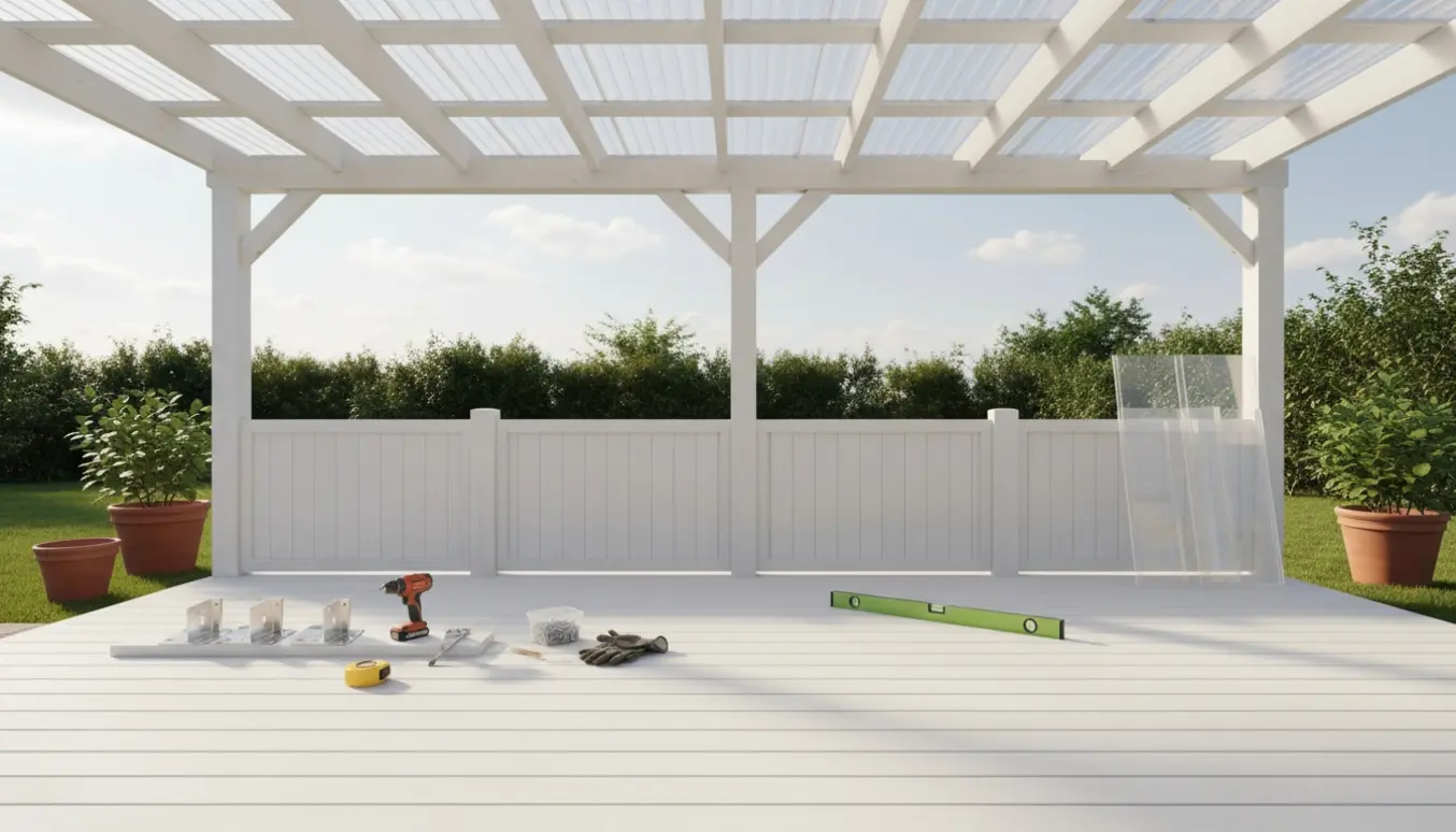 Overdækket hvid træterrasse med transparente plasmo tagplader og fire sammenhængende kliklæghegnspaneler.