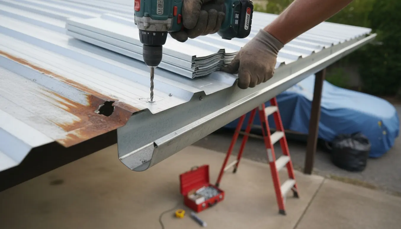 Nærbillede af handskerklædte hænder, der skruer en ny trapezplade fast på en carport med stige og central tagrende i baggrunden.