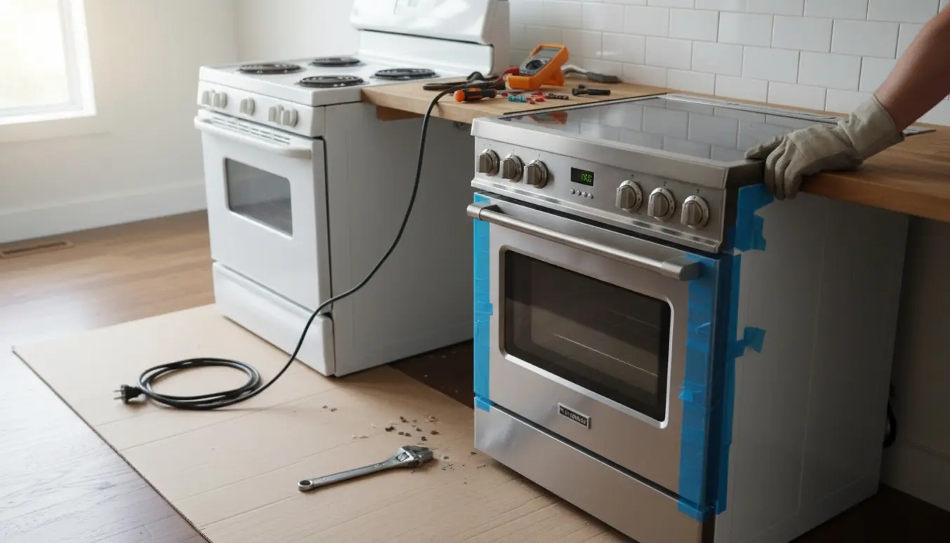 Tekniker sætter nyt elkomfur på plads, mens det gamle er trukket halvt ud.