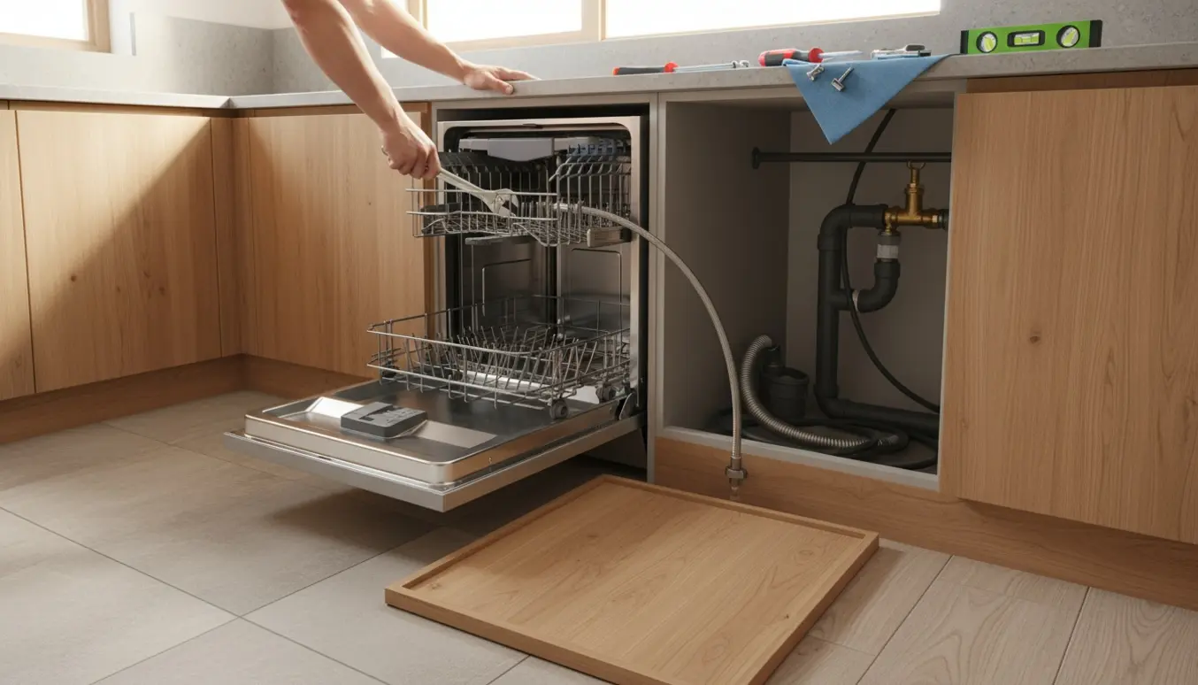 Montering af integreret opvaskemaskine i et moderne køkken med værktøj og åbne tilslutninger.