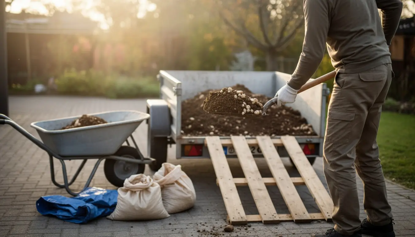 Skovl og trillebør fyldt med jord og småsten ved en trailer klar til bortkørsel.