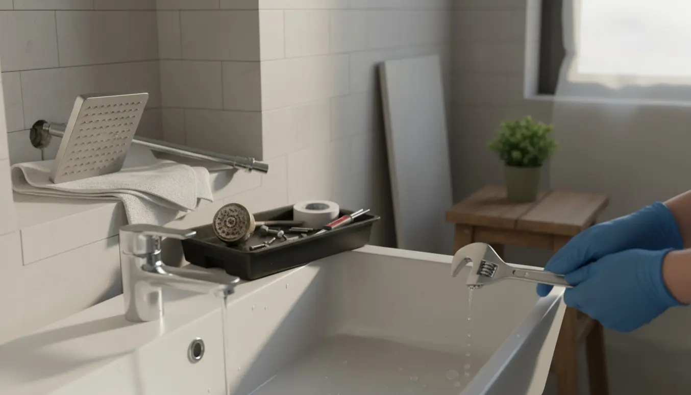 Nærbillede af monteringsarbejde med nyt regnbruserhoved og blandingsbatteri i et flisebadeværelse, værktøj ved siden af.