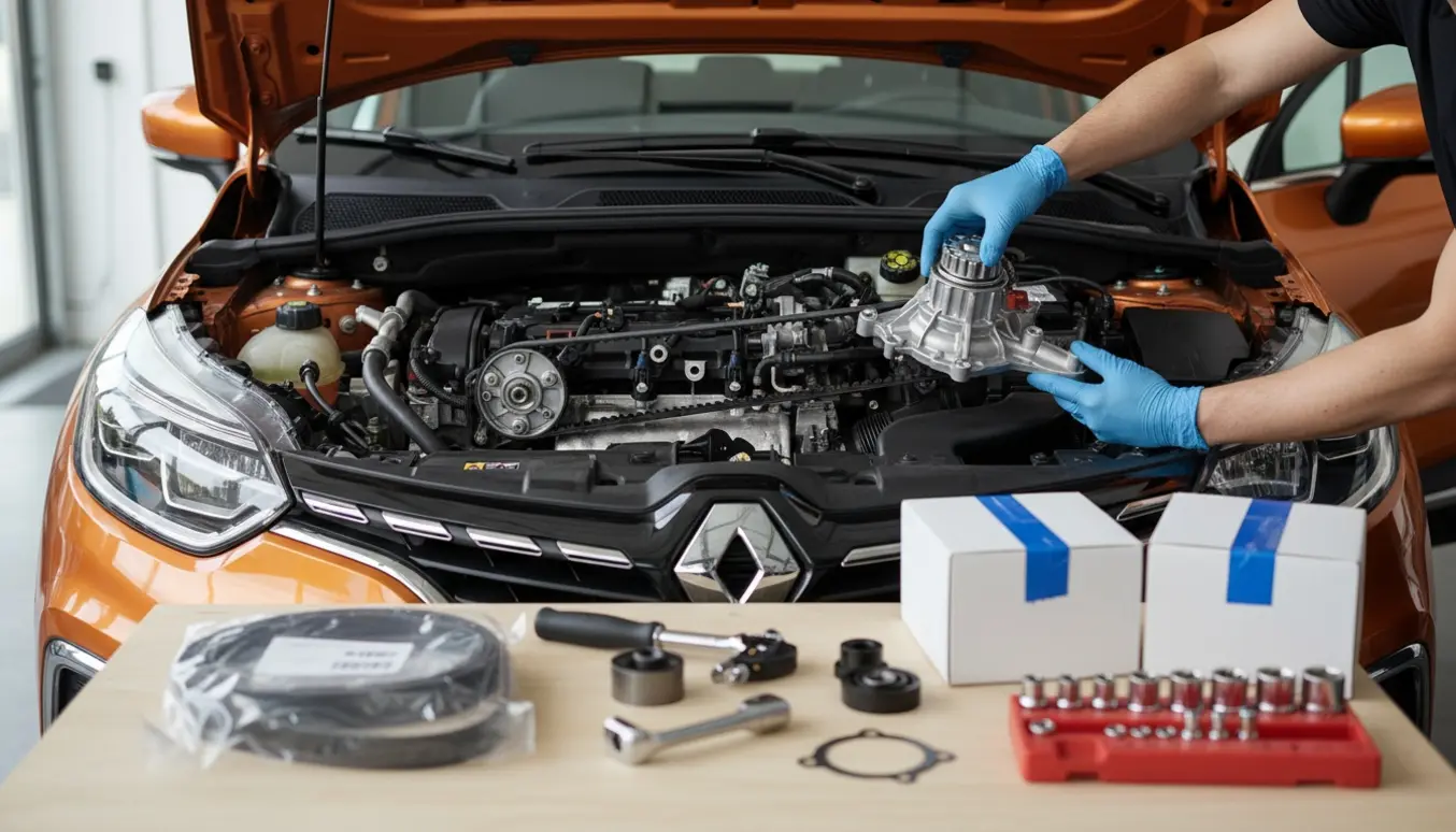 Nærbillede af en Renault Capturs motorområde med nye originale tandrem og vandpumpe under montering.