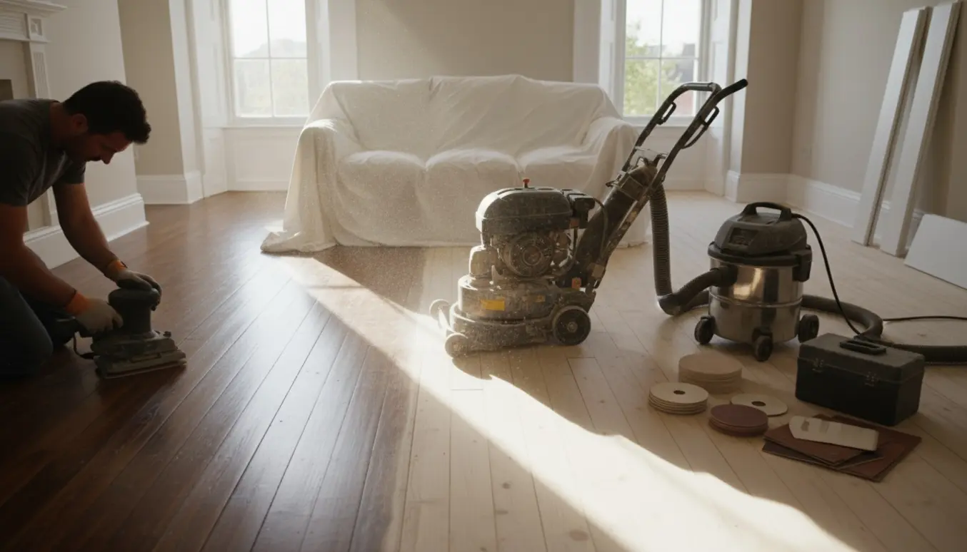 Slibning af trægulv i en lys stue med gulvsliber og tydelig overgang mellem slebet og uslebet gulv.