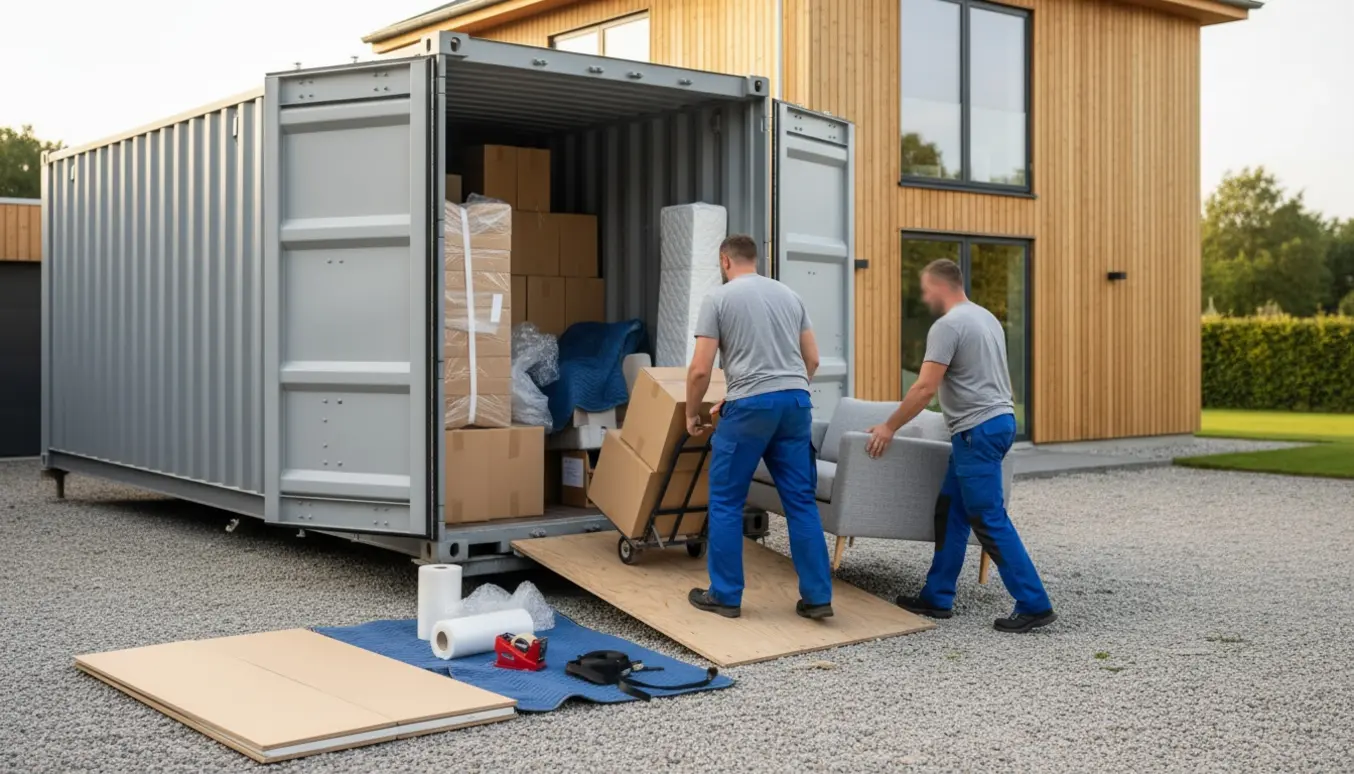 To flyttefolk læsser kasser og møbler fra en mobil opbevaringscontainer ind i et hus i Egå, ansigter ikke synlige.