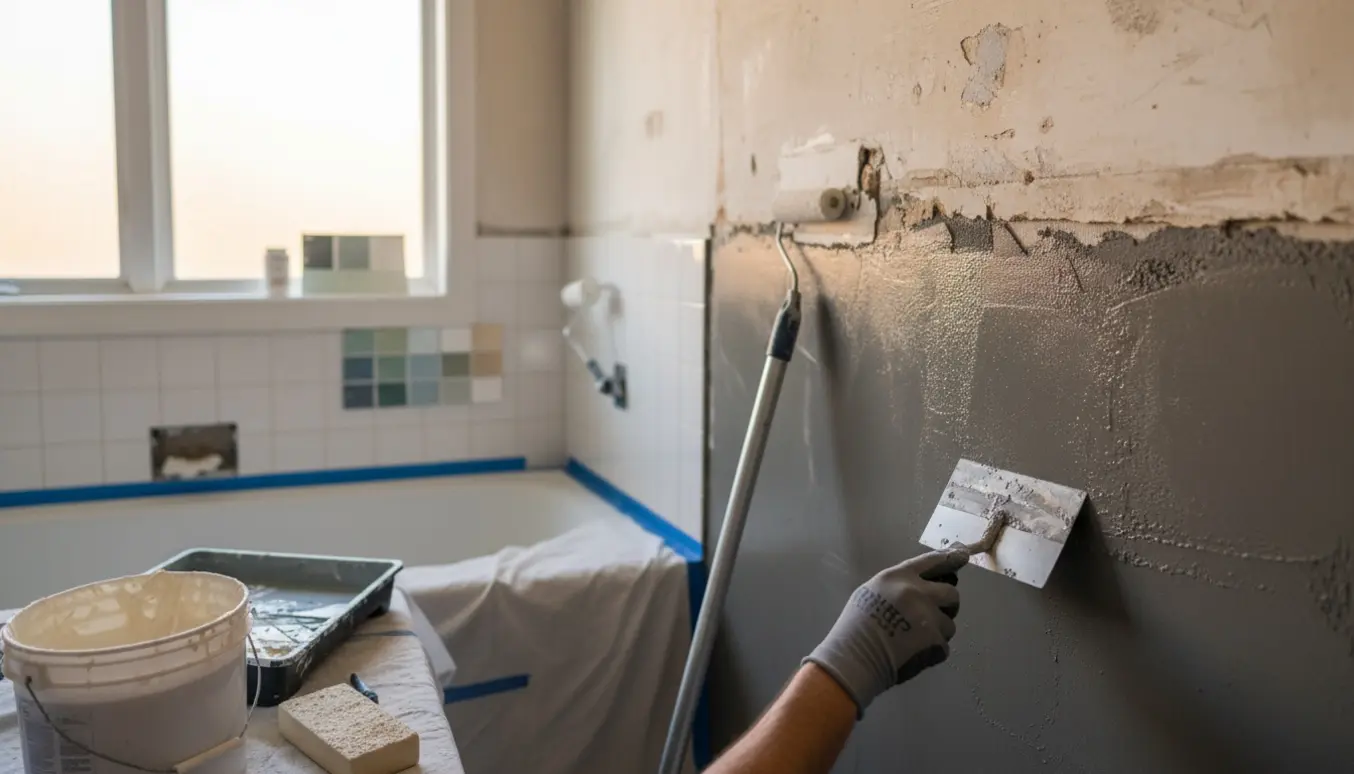 Badeværelse under renovering med vådrumssikring og fuldspartling, håndværker arbejder med spartel og malerudstyr.