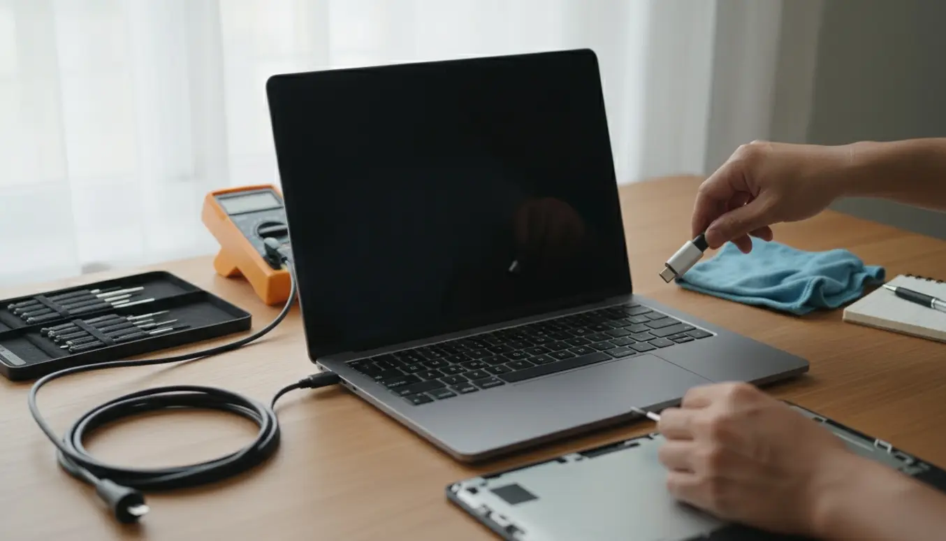 Åben Lenovo-computer på et ryddeligt skrivebord med hænder, der undersøger opladningsporten og værktøj ved siden af.