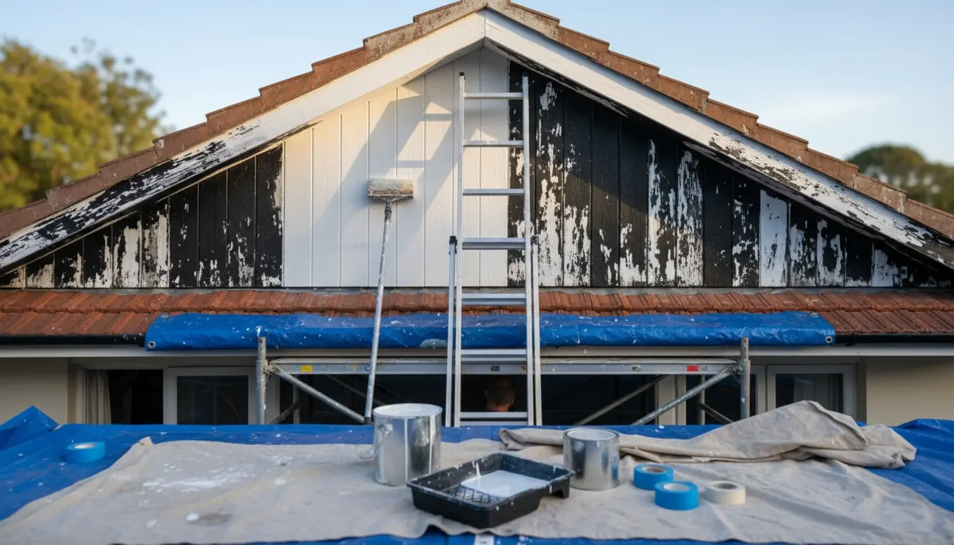 Gavl med sternbrædder og undertag under maling, med stige og malerbøtter i forgrunden.