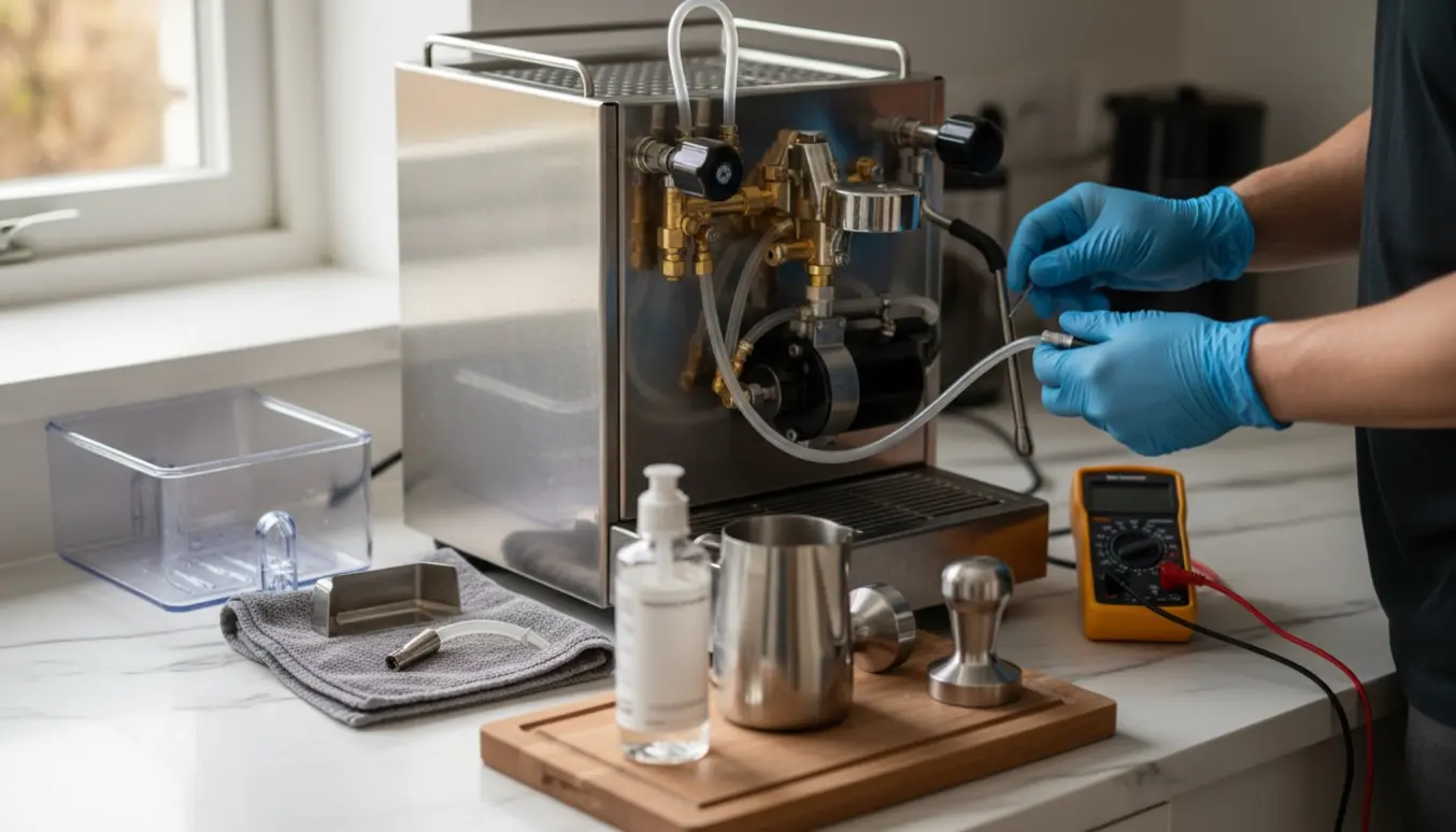 Tekniker undersøger en espressomaskine med afmonteret vandtank og steamwand omgivet af værktøj.