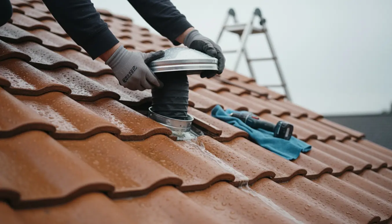 Hænder udskifter en taghætte på et étplans hus med ældre Braas-tagfliser, regnvåde tagsten og udluftningsslange synlig.