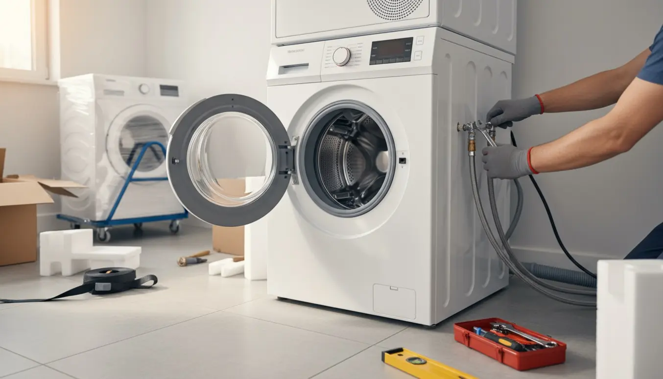 Ny vaskemaskine installeres under en tørretumbler i et lyst vaskerum med værktøj og emballage ved siden af.