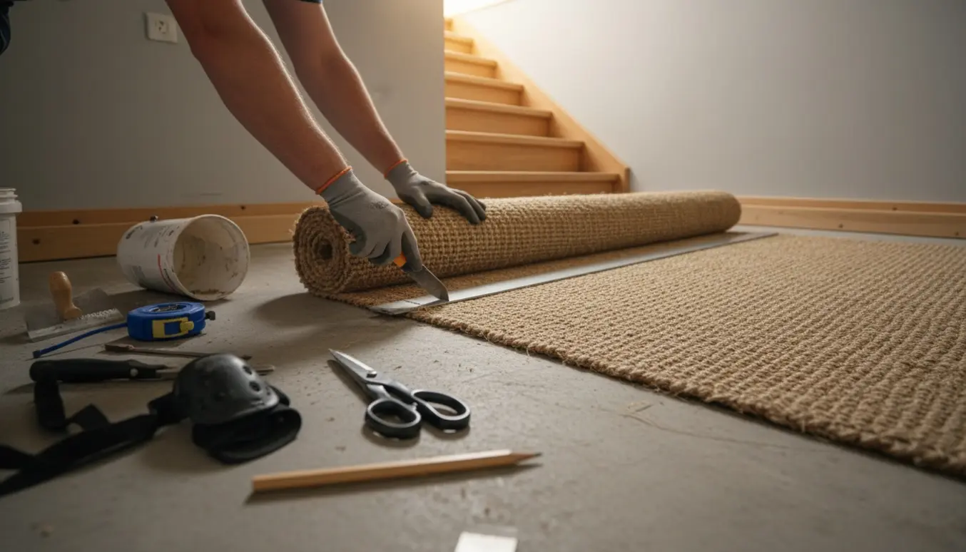 Delvist udrullet sisalgulvtæppe i en kælder med værktøj og hænder, der skærer tæppet ved trappen.