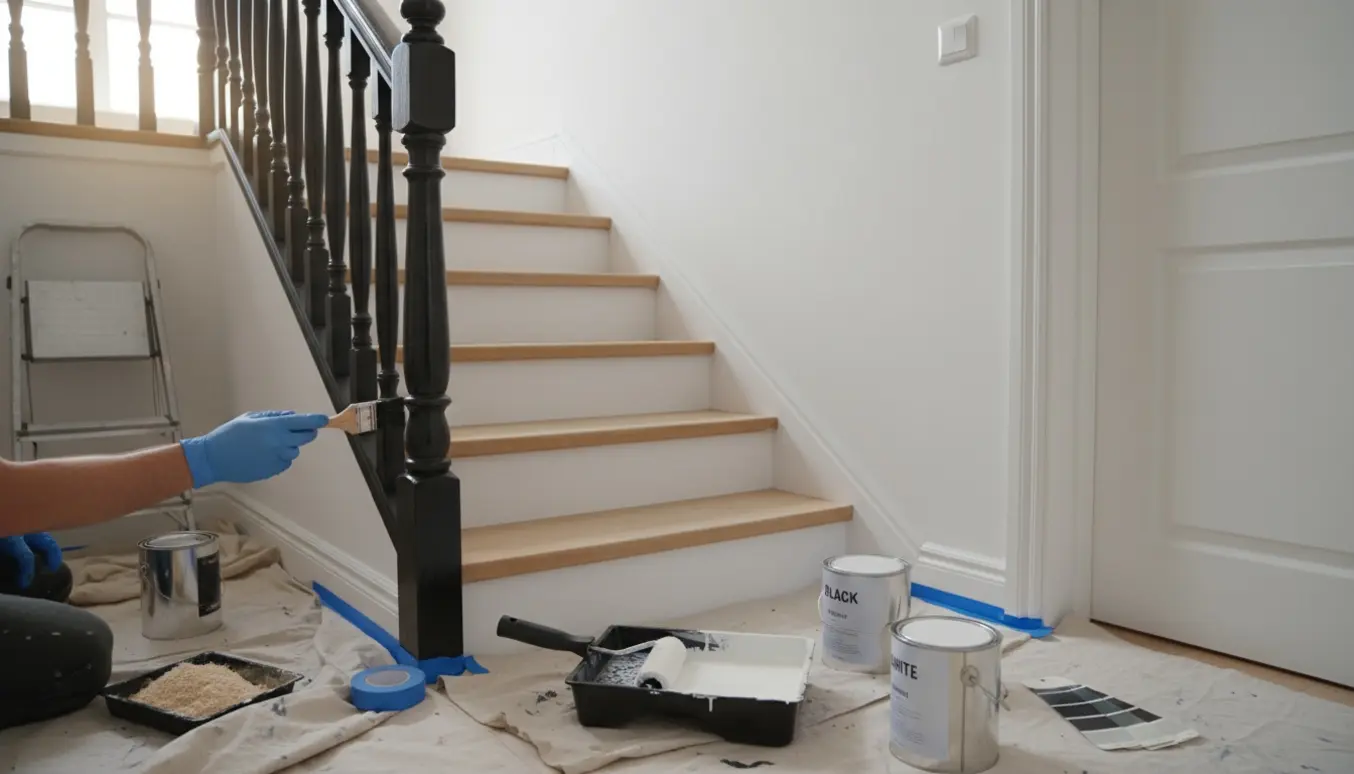 Trappe og gelænder under maling med sort gelænder, hvide vægge, pensler, malerbøtter og afdækningsmaterialer.
