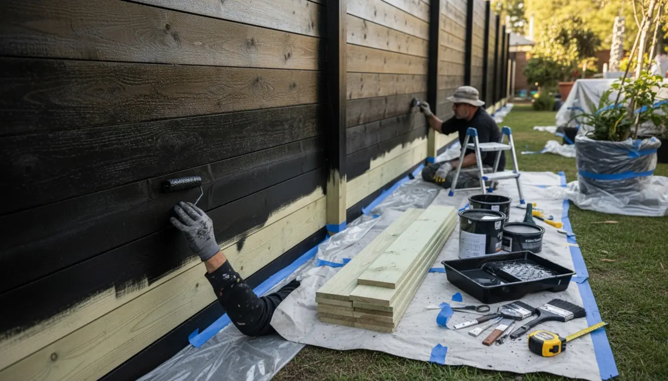 Nyt trykimprægneret hegn males sort med afdækket bund og beskyttede planter.