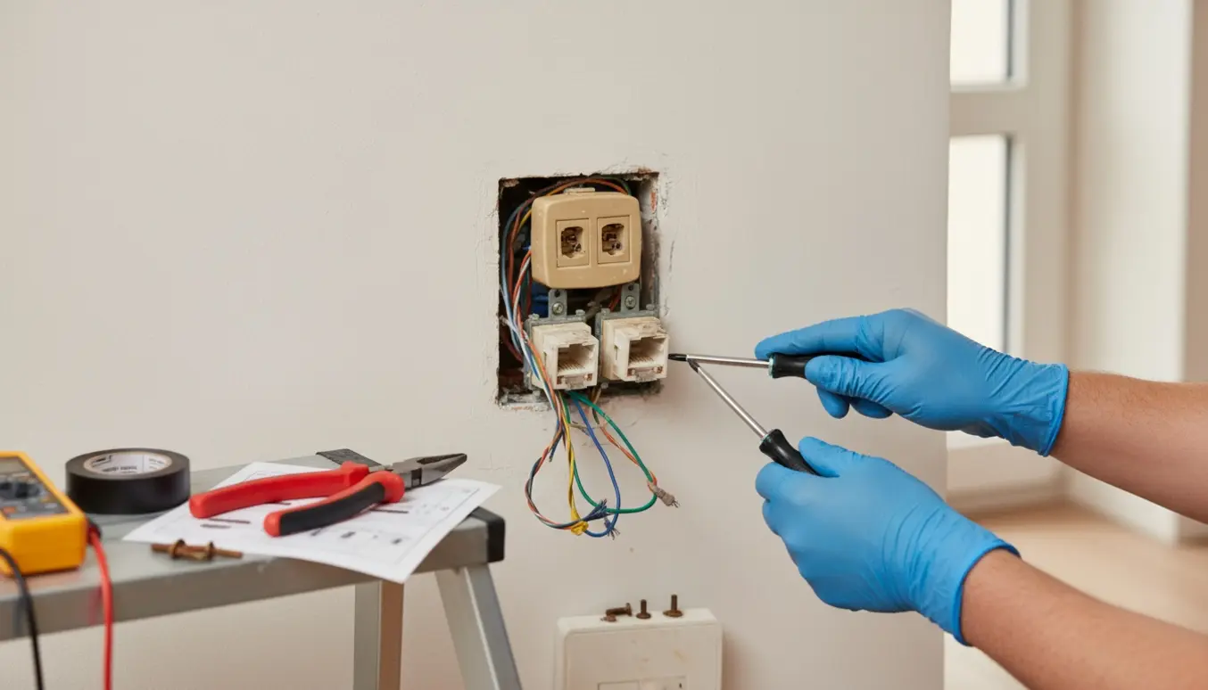 Nærbillede af hænder, der fjerner gamle telefon- og internetstik fra en væg med værktøj.