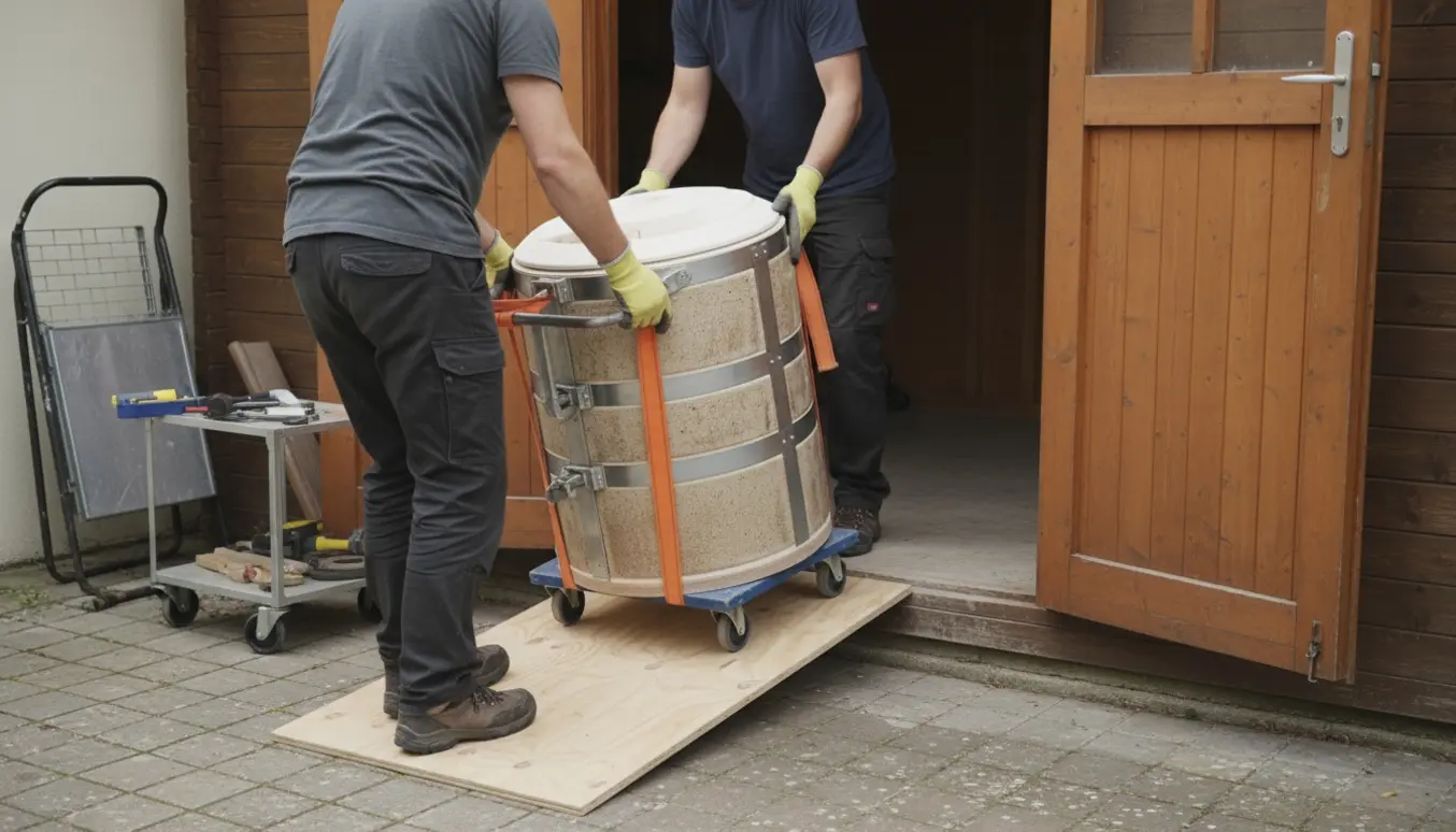 To personer flytter en tung keramikovn over et trin ind i et skur med løftebælter og rullevogn.