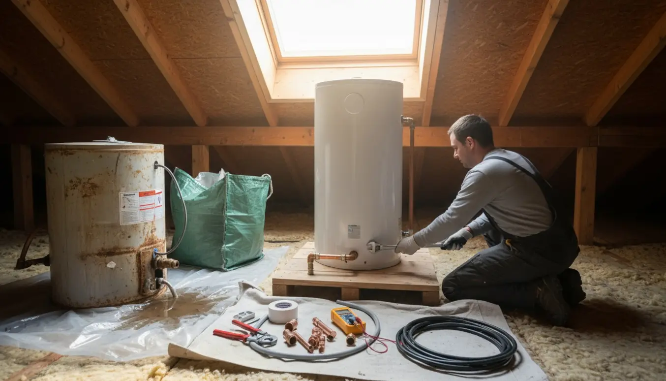Hænder i handsker monterer en ny 110 l varmtvandsbeholder i et lyst loftsrum, mens den gamle ligger afmonteret ved siden af.