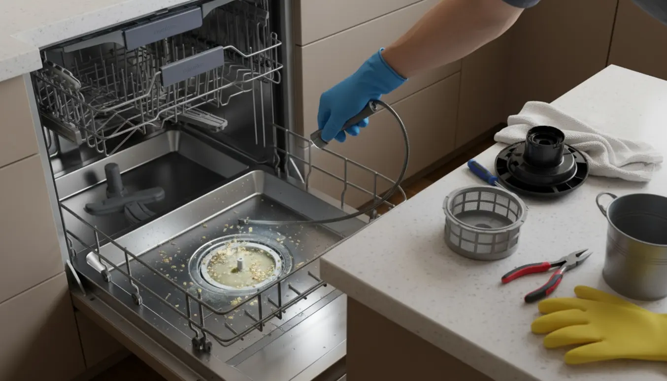 Åben opvaskemaskine med trukket nederste kurv, fjernet filter og værktøj ved et vandpyt, mens hænder inspicerer afløbsområdet.