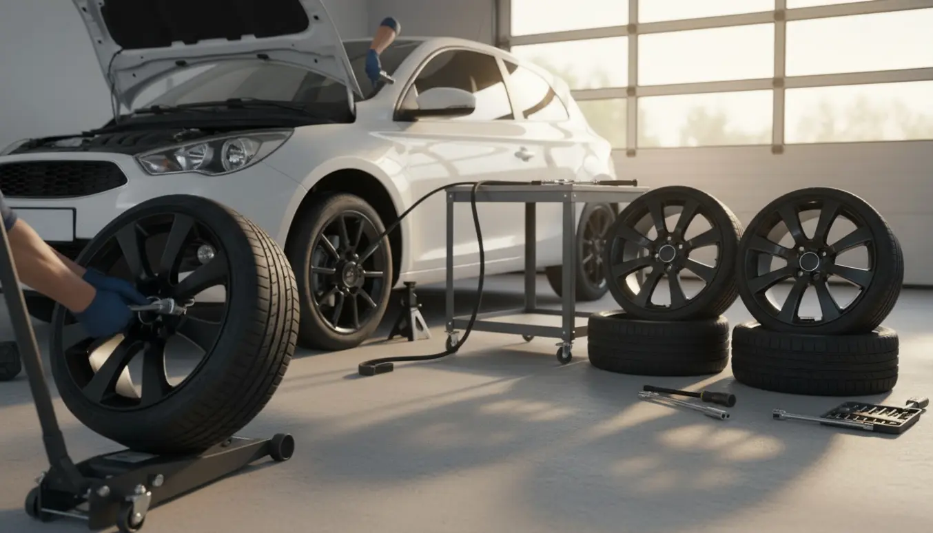 Nærbillede af hænder, der skifter hjul og arbejder med bilens kilerem i en garage.