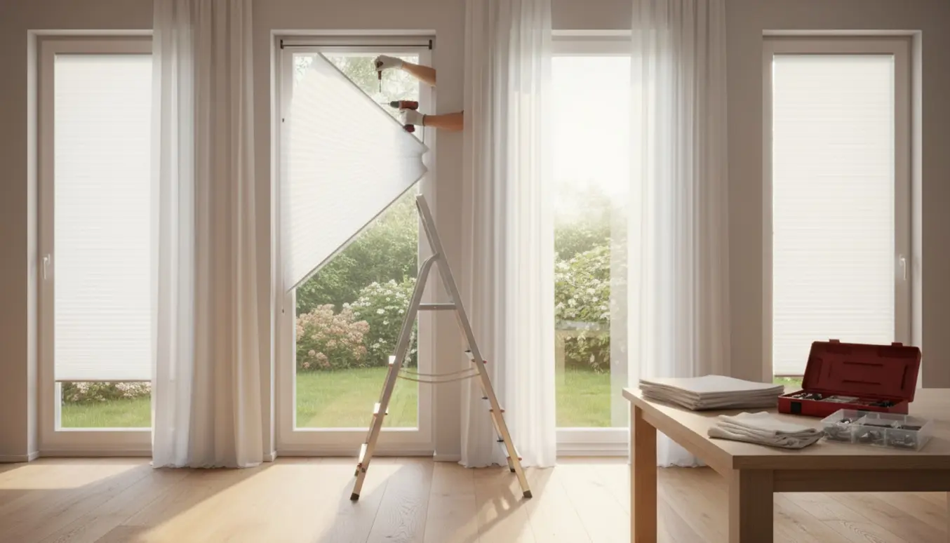 Hænder tager plisségardiner ned ved vinduer med værktøj og en stige klar til genopsætning.