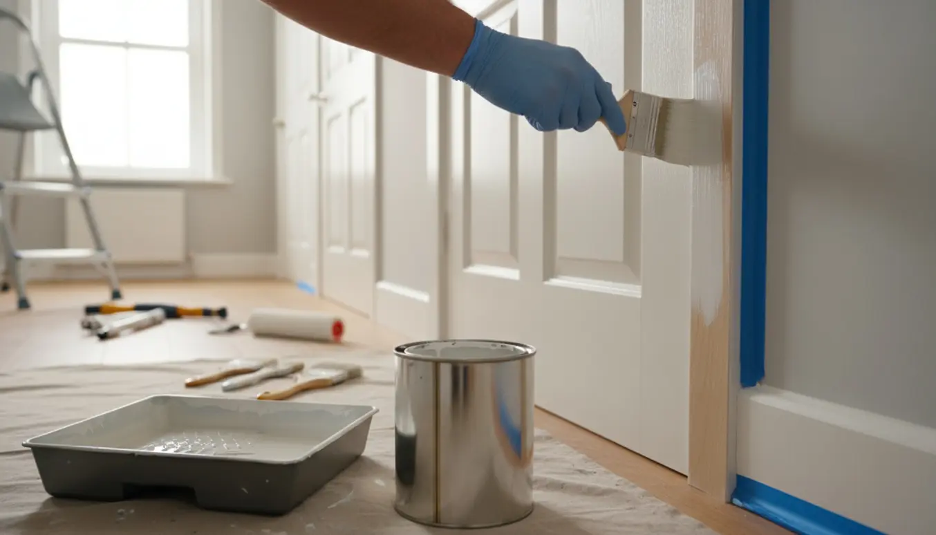 Nærbillede af hænder, der maler en dørkarm i en lys lejlighed med værktøj og afdækning.