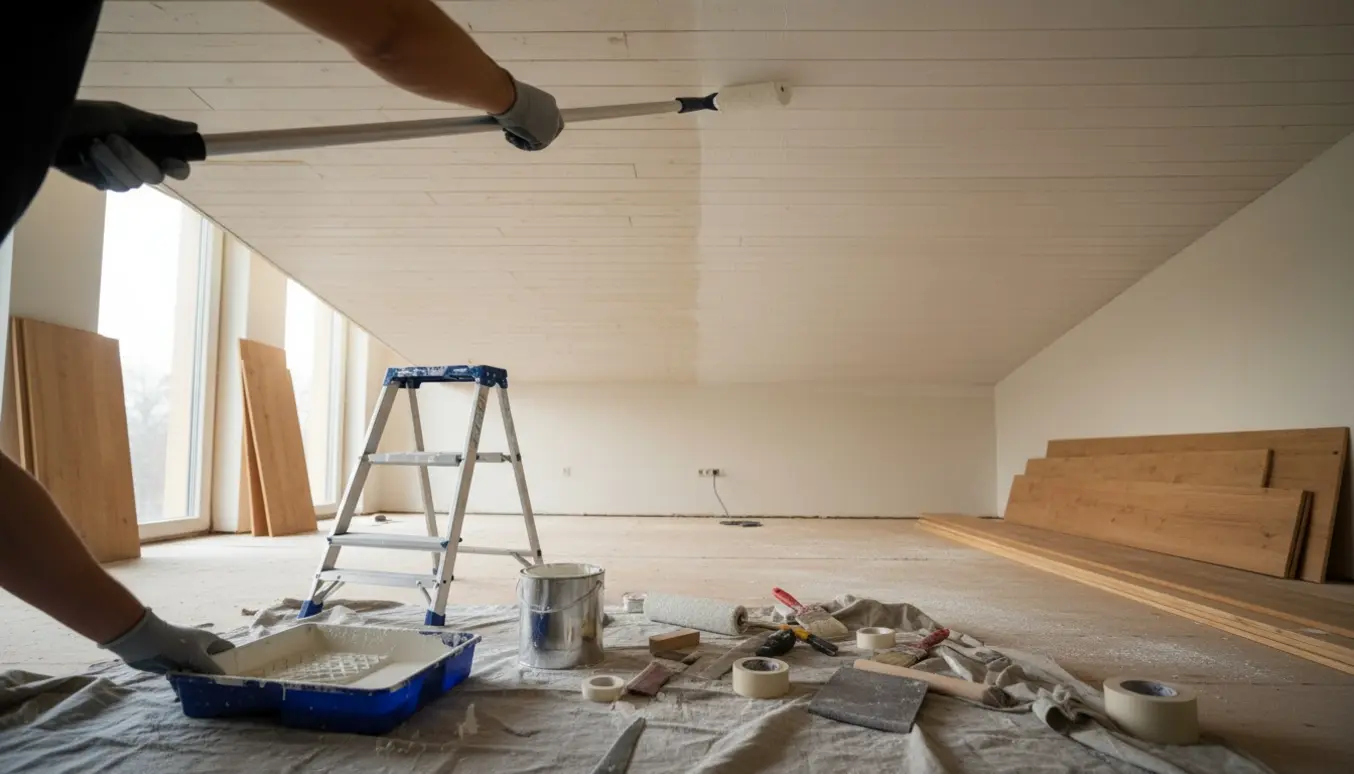 Glovede hænder maler og grunder et hvidt træloft i et rummeligt hus, mens værktøj og fjernede gulvbrædder ligger klar.