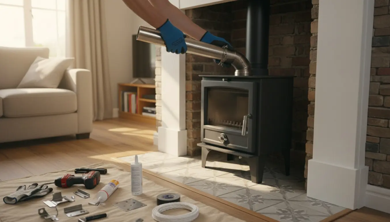 En ny brændeovn monteres i en stue, hvor røret tilpasses til den eksisterende skorsten.