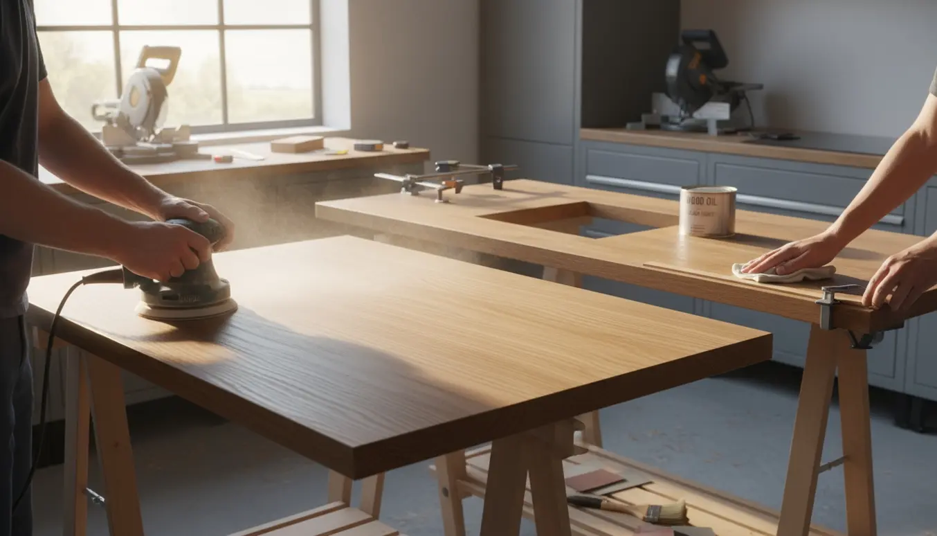 Massiv egetræsbordplade slibes og olieres i et lyst køkken, mens kantlister skæres til og påsættes.