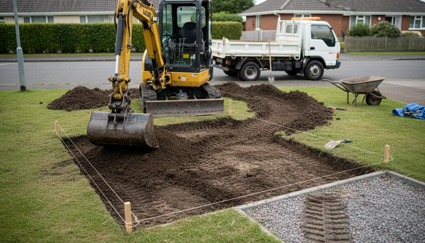 Minigraver graver jord i en lille forhave med jordbunker ved kantstenen og værktøj klar til bortkørsel.