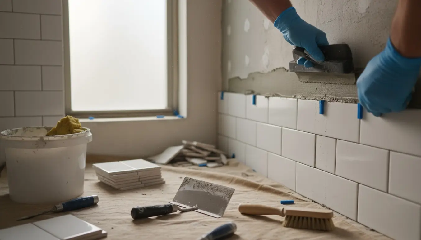 Nærbillede af handsker, der fuge nye badeværelsesfliser i et lyst bruseområde med værktøj og afmonterede fliser i baggrunden.