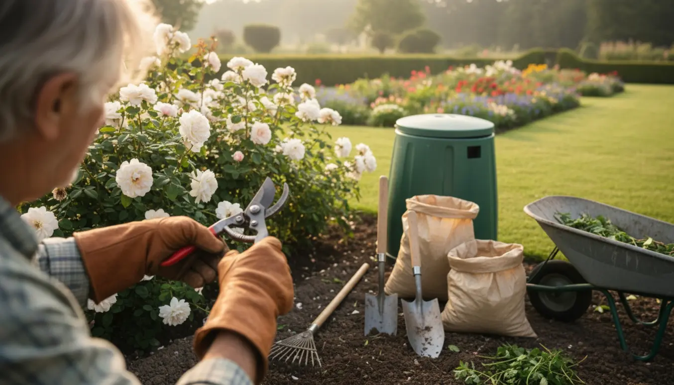 En ældre havehjælper ses bagfra og beskærer en busk med haveredskaber, trillebør og sække til haveaffald i en solbeskinnet privat have.