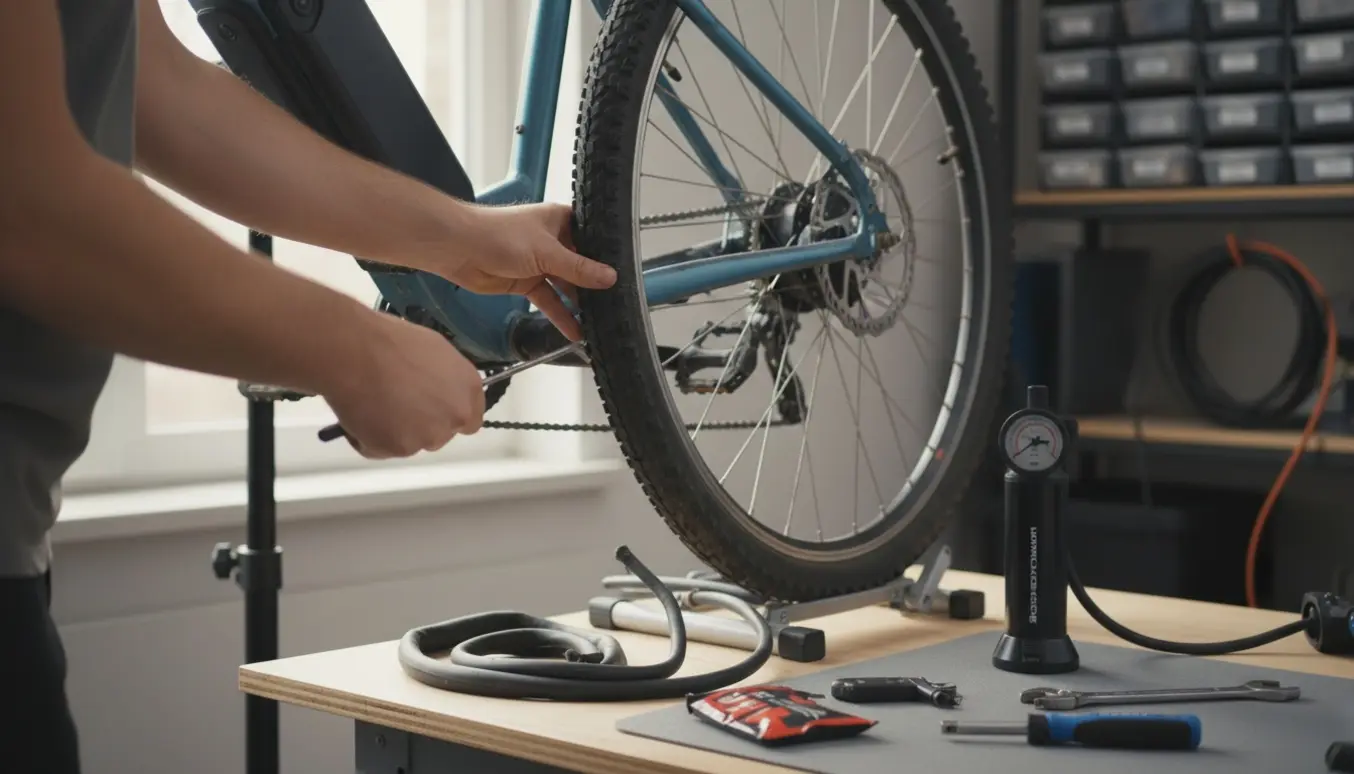 Nærbillede af hænder, der skifter dæk og slange på en elcykel i et lyst værksted.