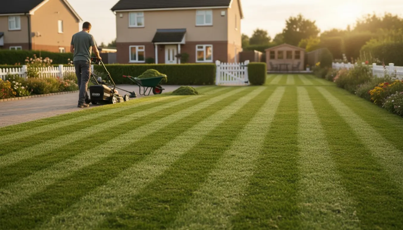 En person slår græsset på for- og baghaven med plæneklipper, med nyslåede striber og haveredskaber i baggrunden.