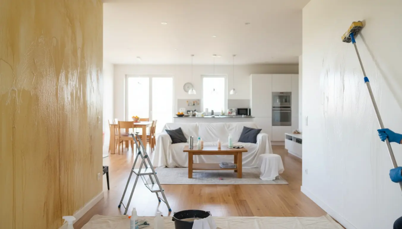 Hænder skrubber nikotin af en væg i et åbent køkken-alrum med møbler trukket sammen.