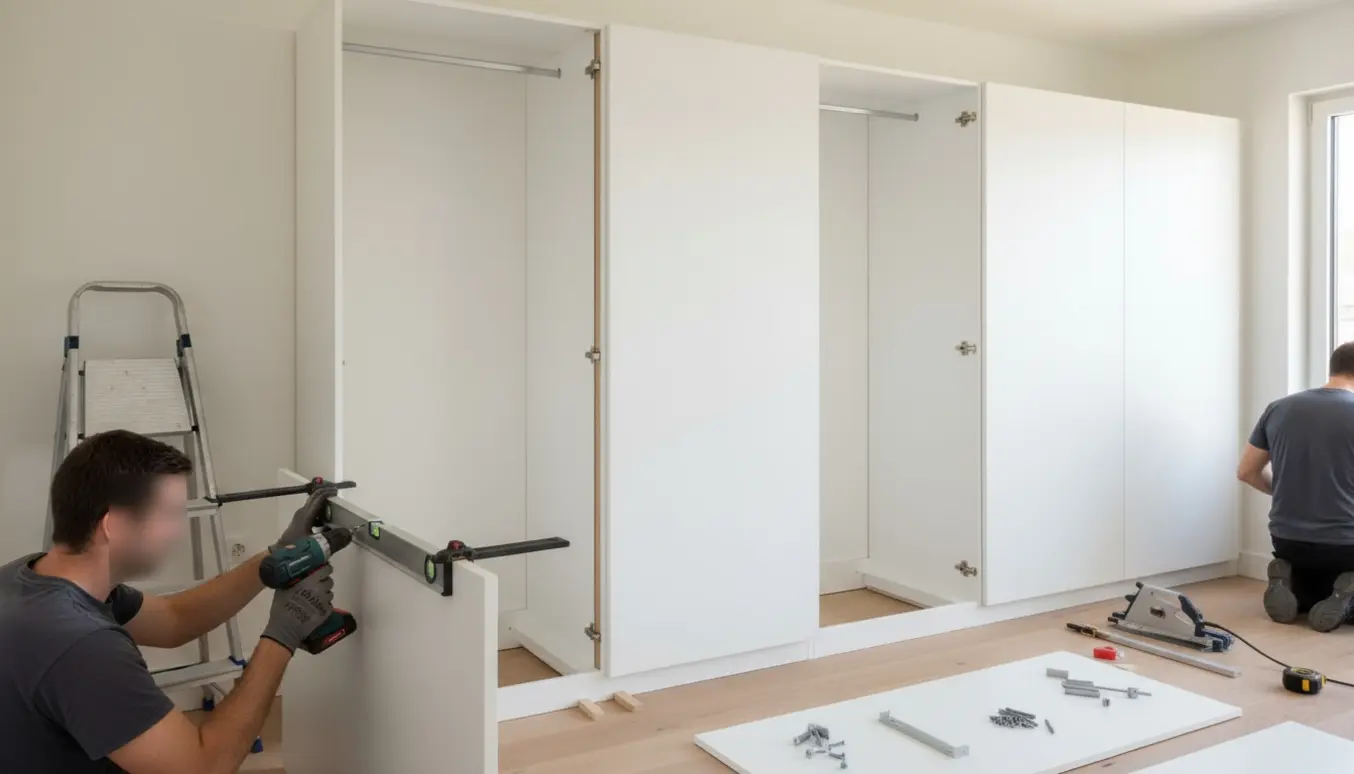 Indbygget gulv-til-loft garderobeskab med tre brede og et smalt modul under montering, håndværkeres hænder arbejder med værktøj.
