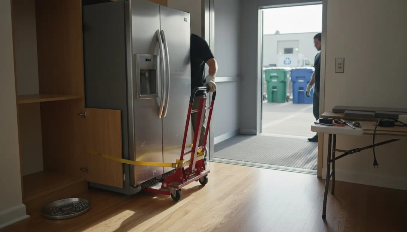 Et integreret køle-/fryseskab på en flyttevogn føres mod en åben elevator i en solbelyst opgang.