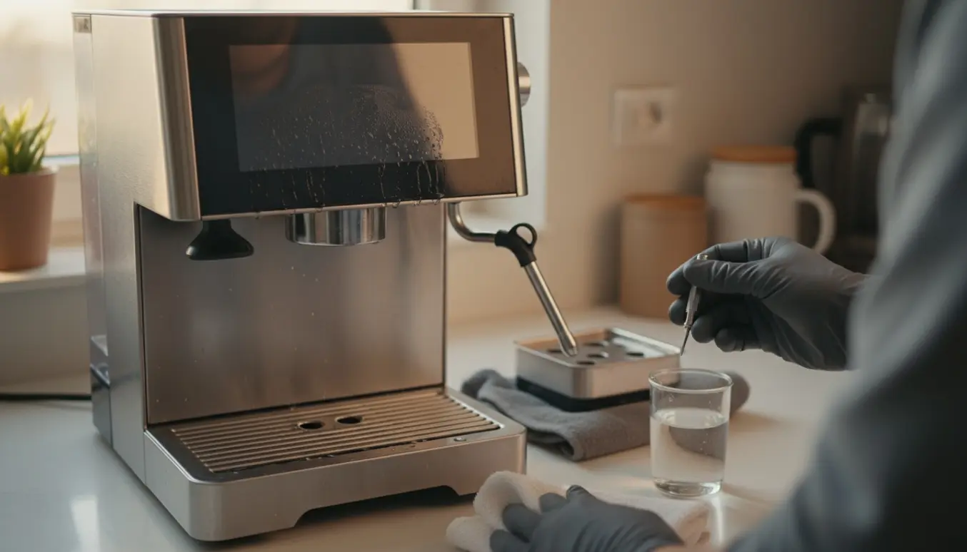 Nærbillede af en espressomaskine med vand under displayet og en aftaget steamarm, hænder med klud og værktøj ved siden af.