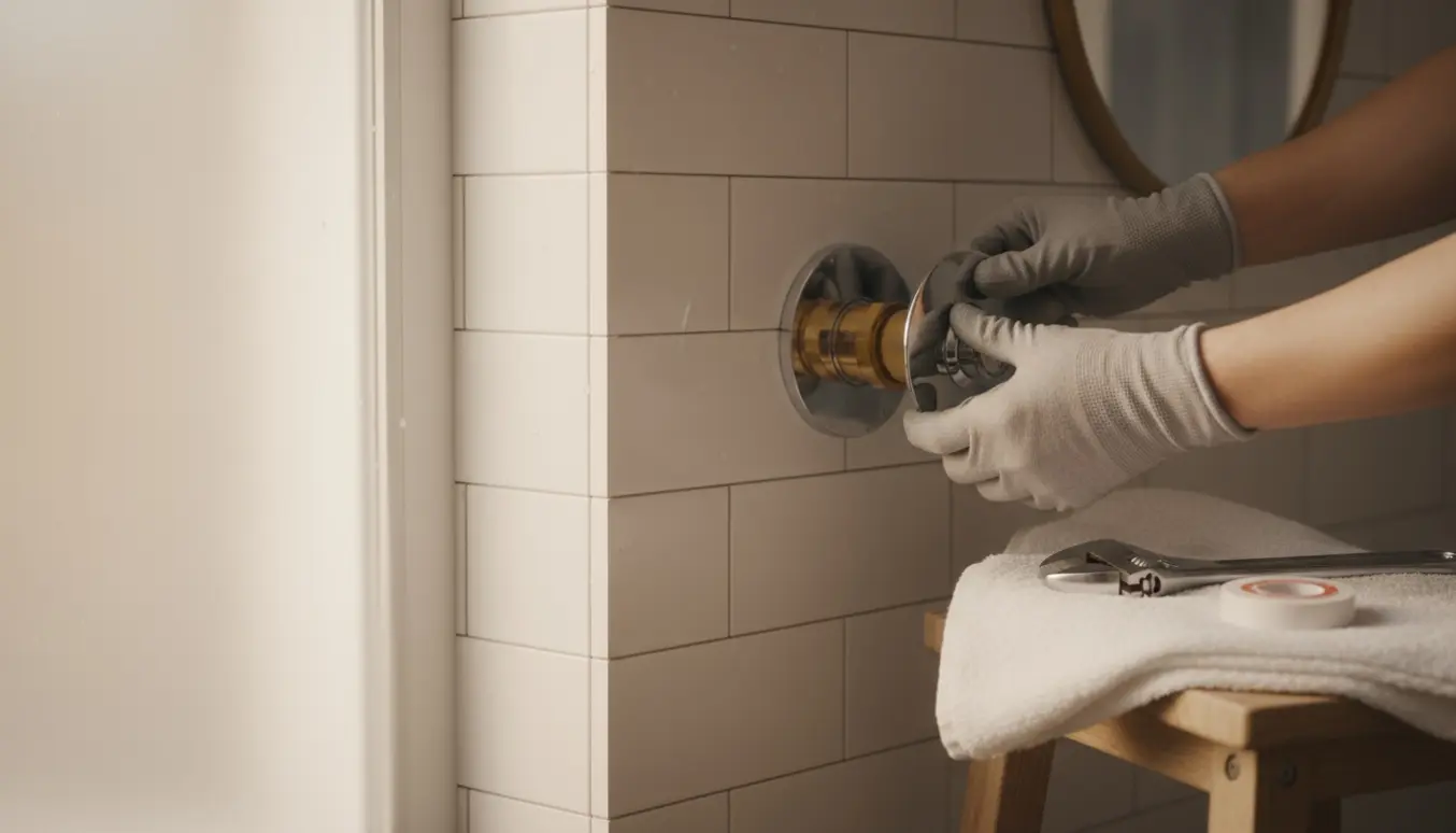 Nærbillede af hænder der monterer et nyt krom brusearmatur på fliser i et lyst badeværelse.