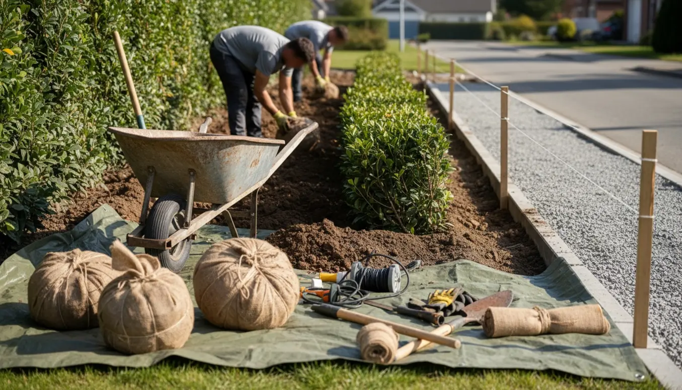 Hæk graves op og genplantes lidt ind på grunden med snore, pæle, trillebør og jord ved et fortov under anlæg.