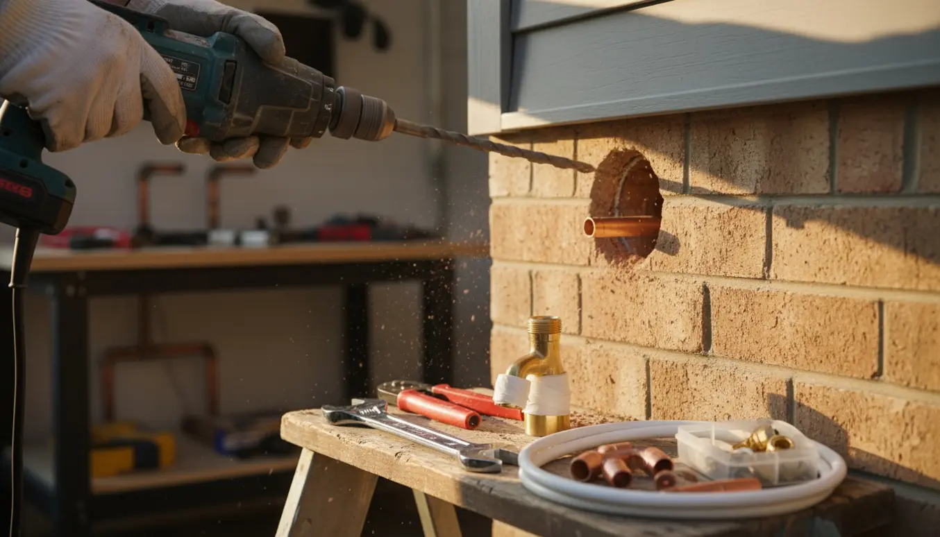 Hand i arbejdshandske borer hul til ny udendørsvandhane med rør, fittings og værktøj klar ved muren.
