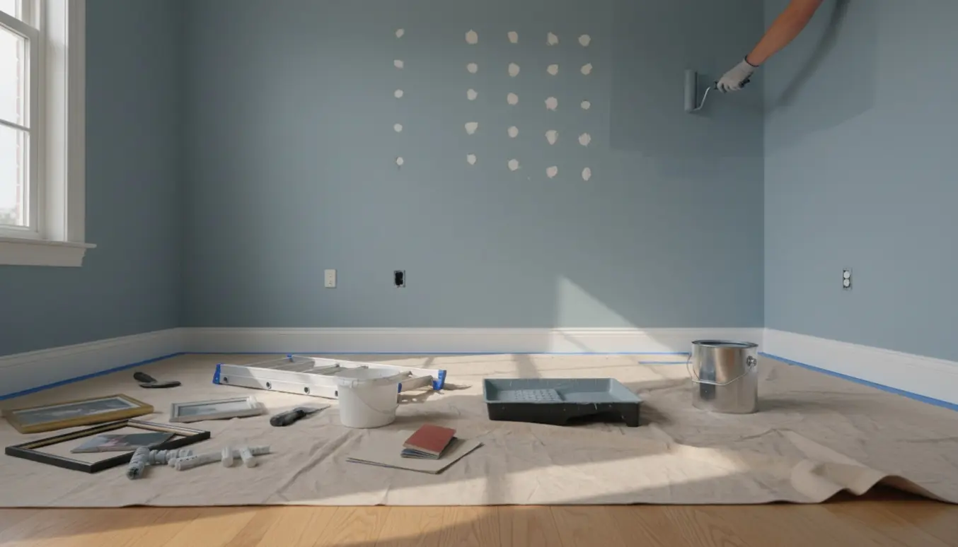 Stue under renovering med spartlede huller og maling af vægge, værktøj og afdækningsdug på gulvet.