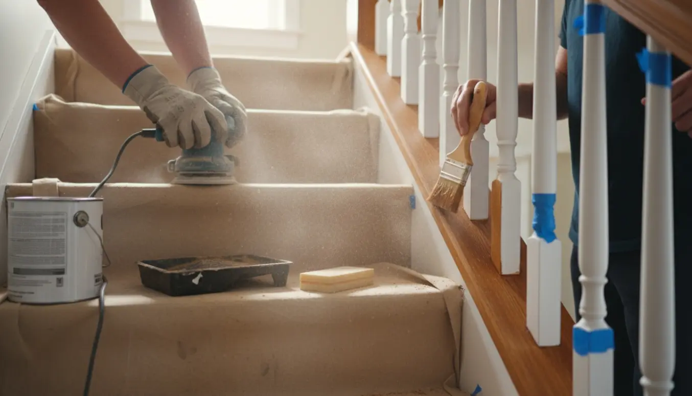 Nærbillede af hænder, der sliber og maler en trætrappe med hvidt rækværk og træfarvet gelænder.