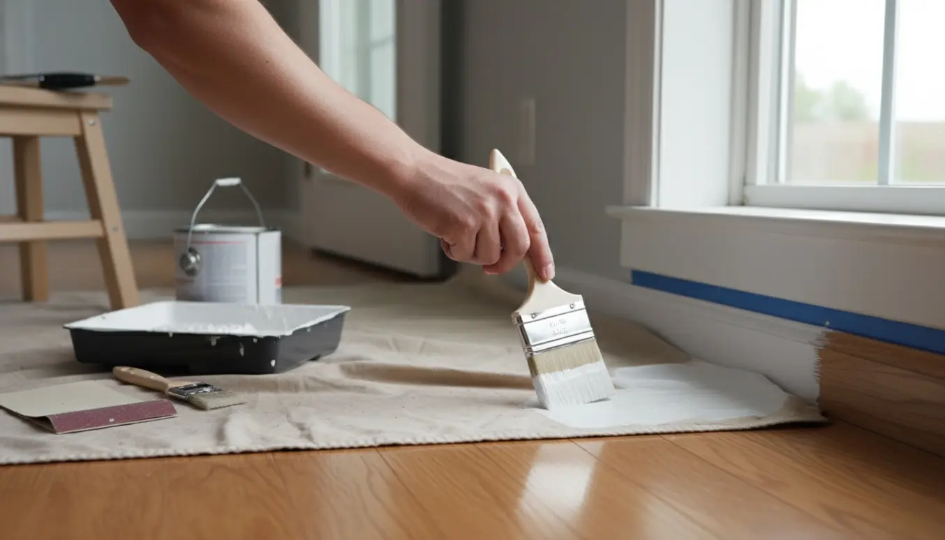 Hånd maler hvide fodlister og en karm med pensel i et lyst, moderne rum.