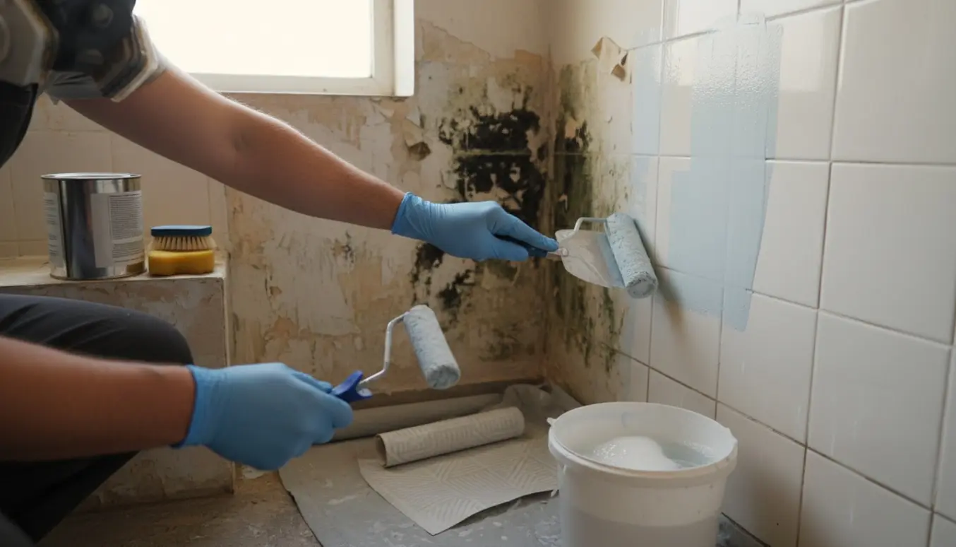 Lille badeværelse under renovering, hænder i handsker skraber skimmelsvamp mens en malerulle med vådrumsfarve er klar.